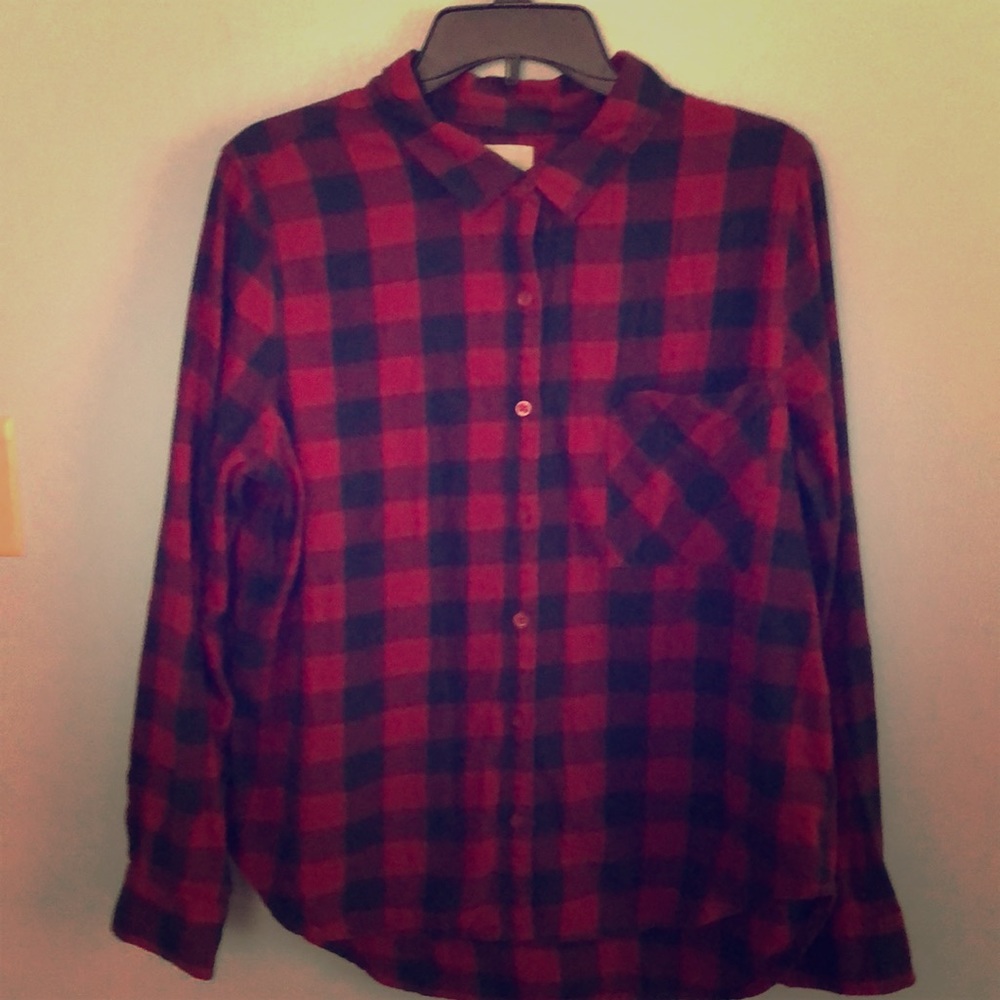 Dark Red and Black Plaid long Sleeve Juniors shirt